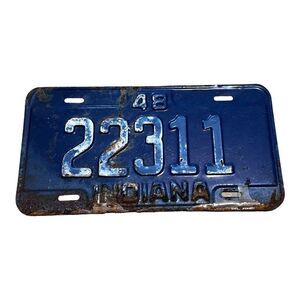 Vintage Indiana 1948 Collectible license plate Original Tag # 22311 Man Cave